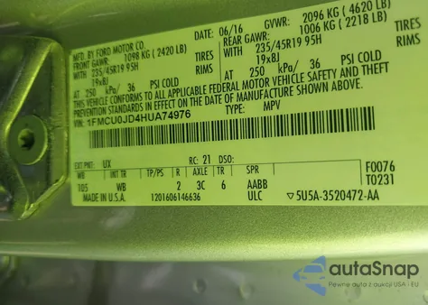 2017 Ford Escape Titanium z USA, uszkodzony, nr VIN 1FMCU0JD4HUA74976